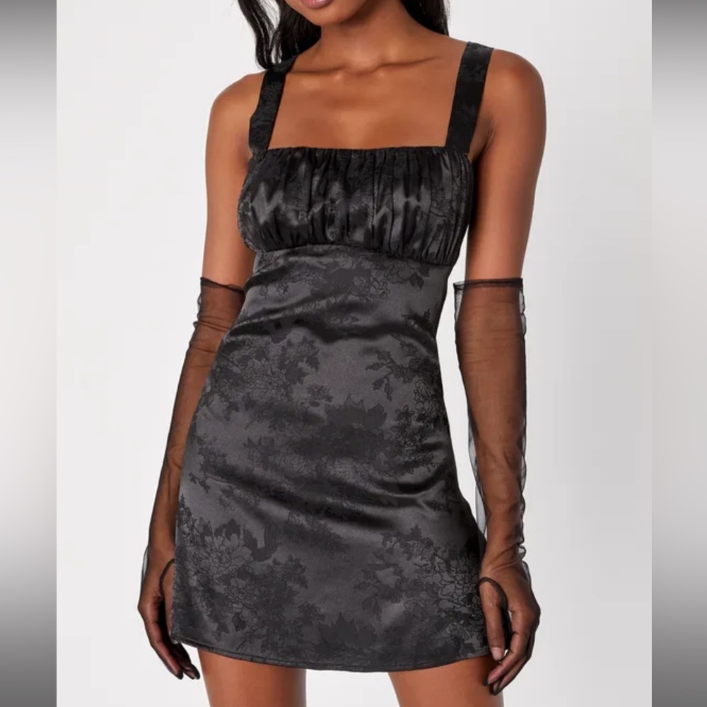 Exquisite Outlook Black Floral Jacquard Satin Lace-Up Mini Dress